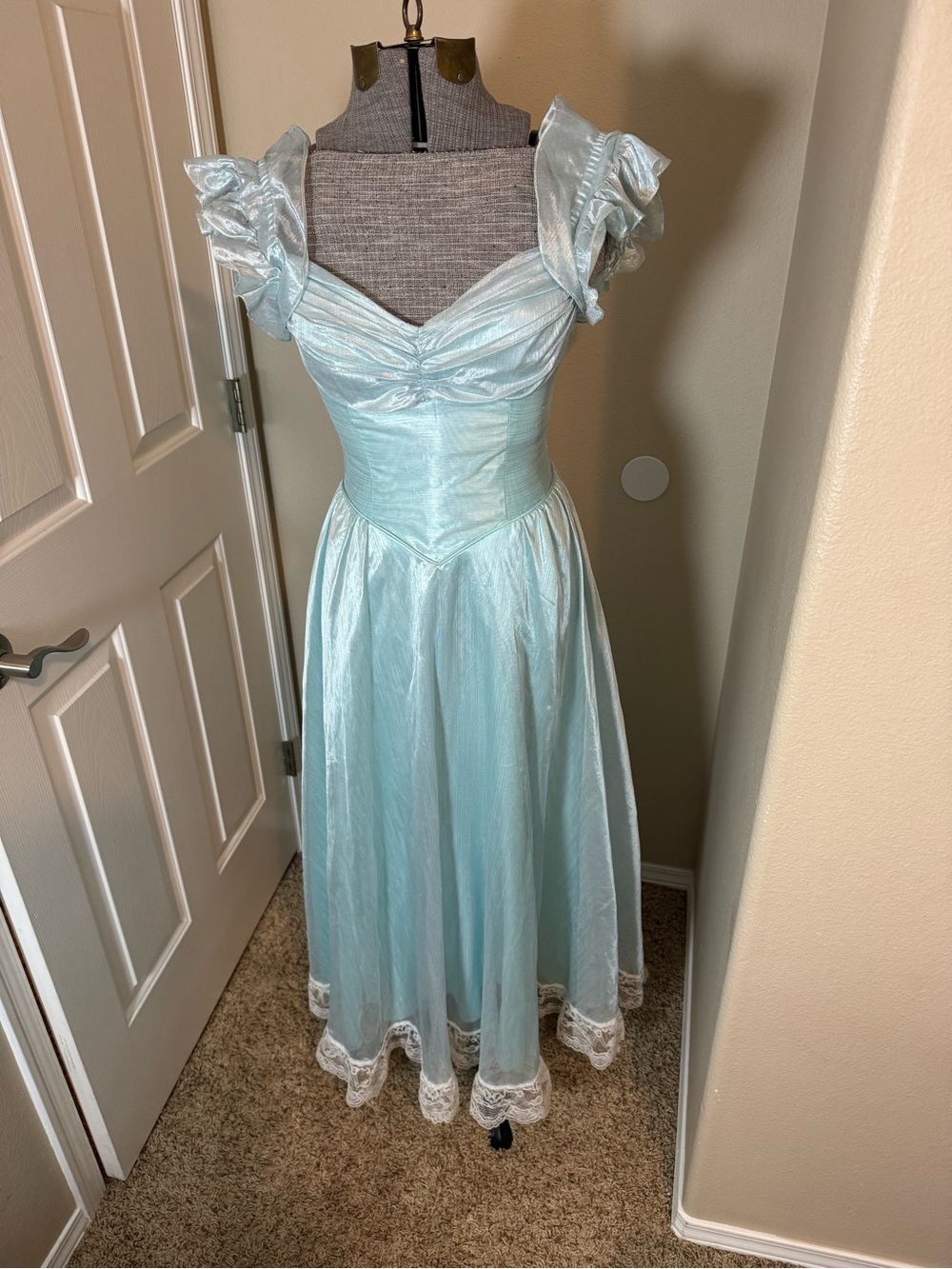 Vintage 80s Cinderella Powder Blue Shimmer Gown Ruffle Lace Trim Maxi Dress S